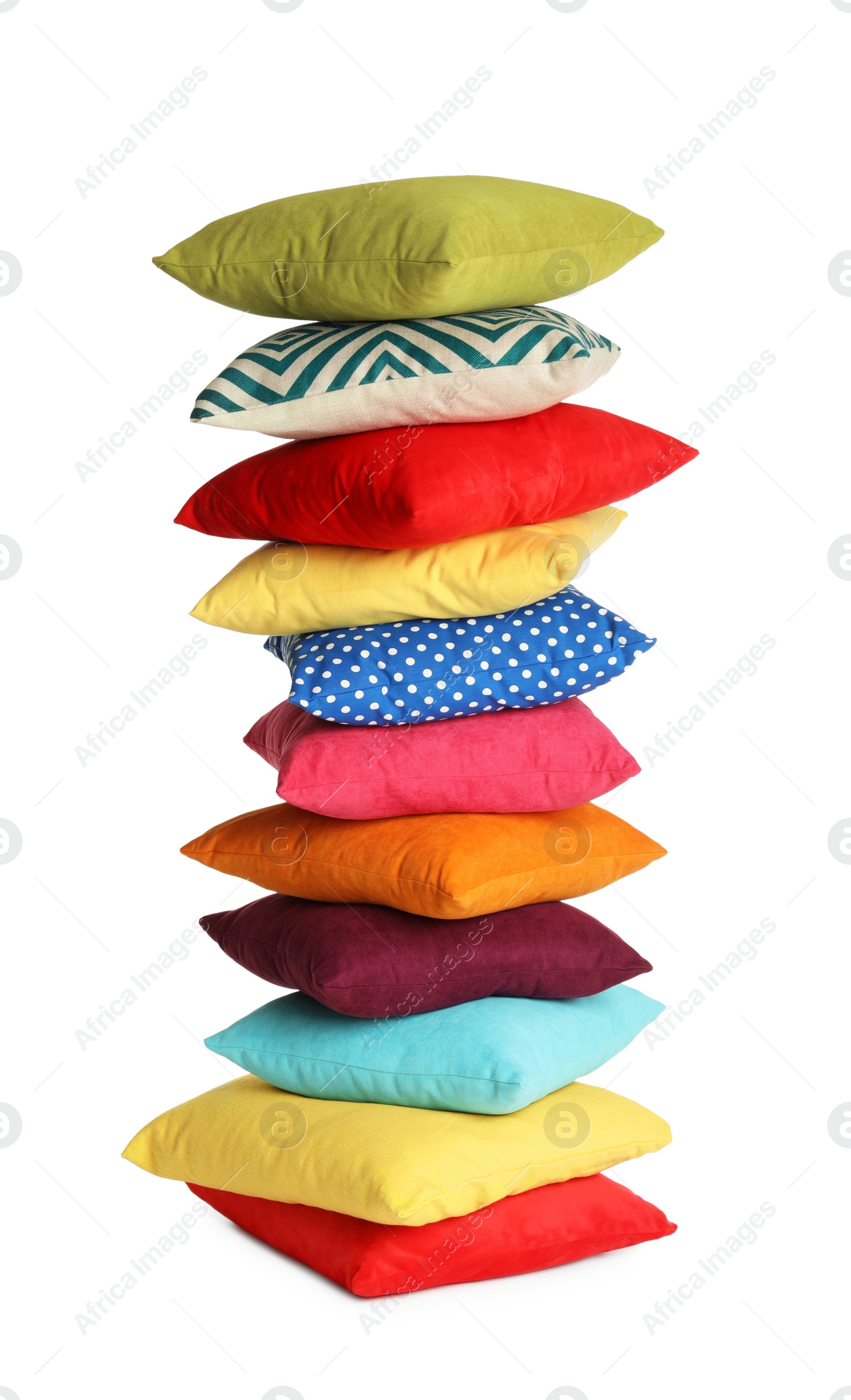 Photo of Stack of colorful decorative pillows on white background