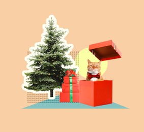 Image of Christmas art collage. Cute red cat popping out from gift box near fir tree on color background