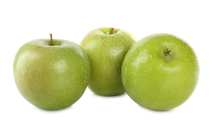 Photo of Fresh juicy green apples with water drops isolated on white