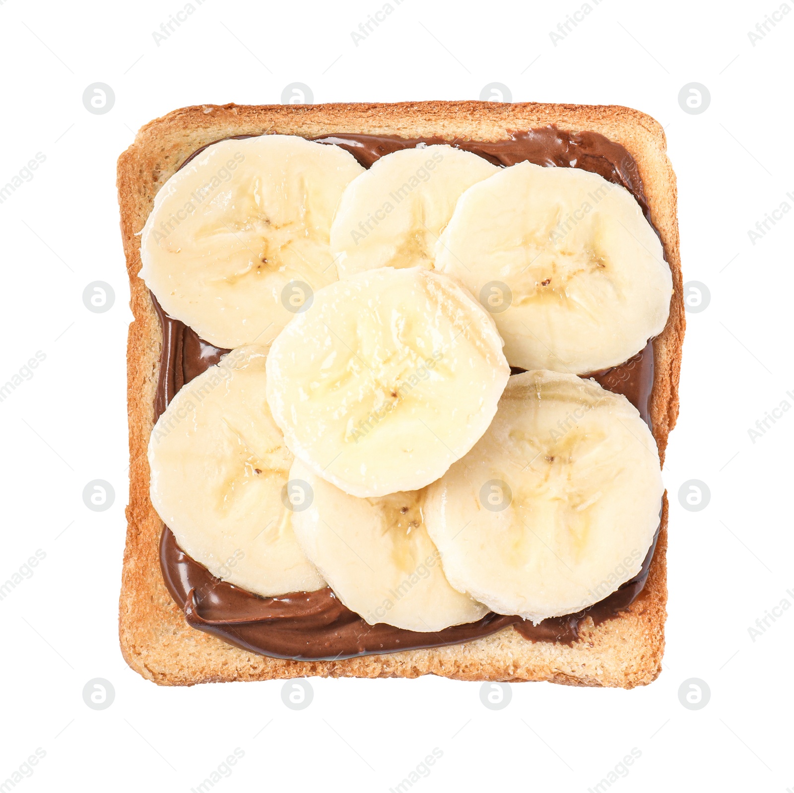 Photo of Delicious toast with bananas and chocolate cream isolated on white, top view