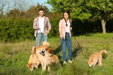Photo of Young couple with adorable Akita Inu dogs in park