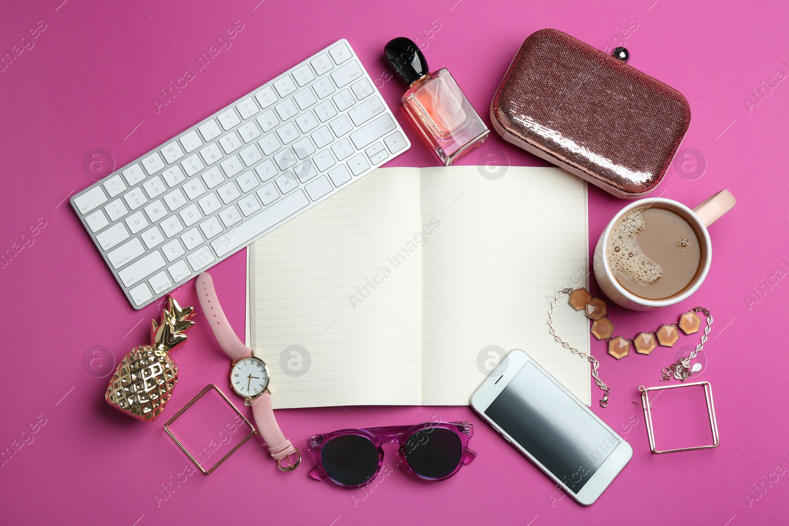 Photo of Flat lay composition with empty notebook, keyboard and accessories on color background. Fashion blogger