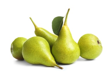 Whole ripe pears on white background