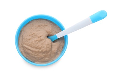 Photo of Healthy baby food in bowl on white background, top view