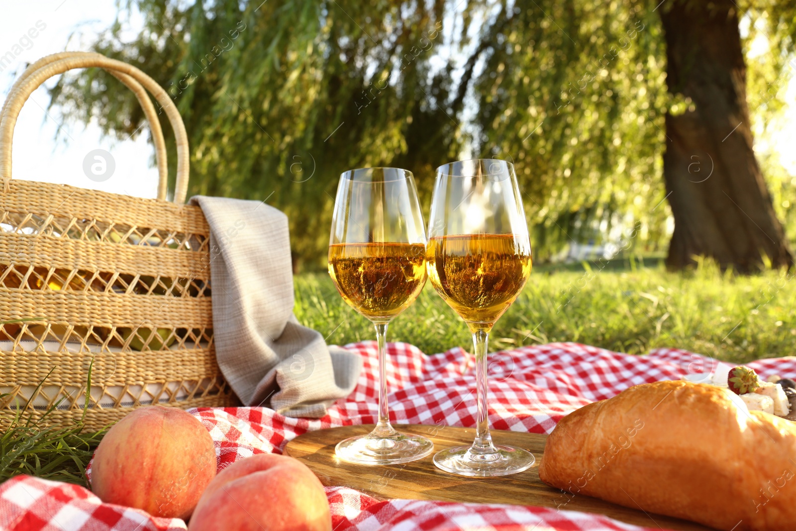 Photo of Picnic blanket with delicious food and wine in park on sunny day