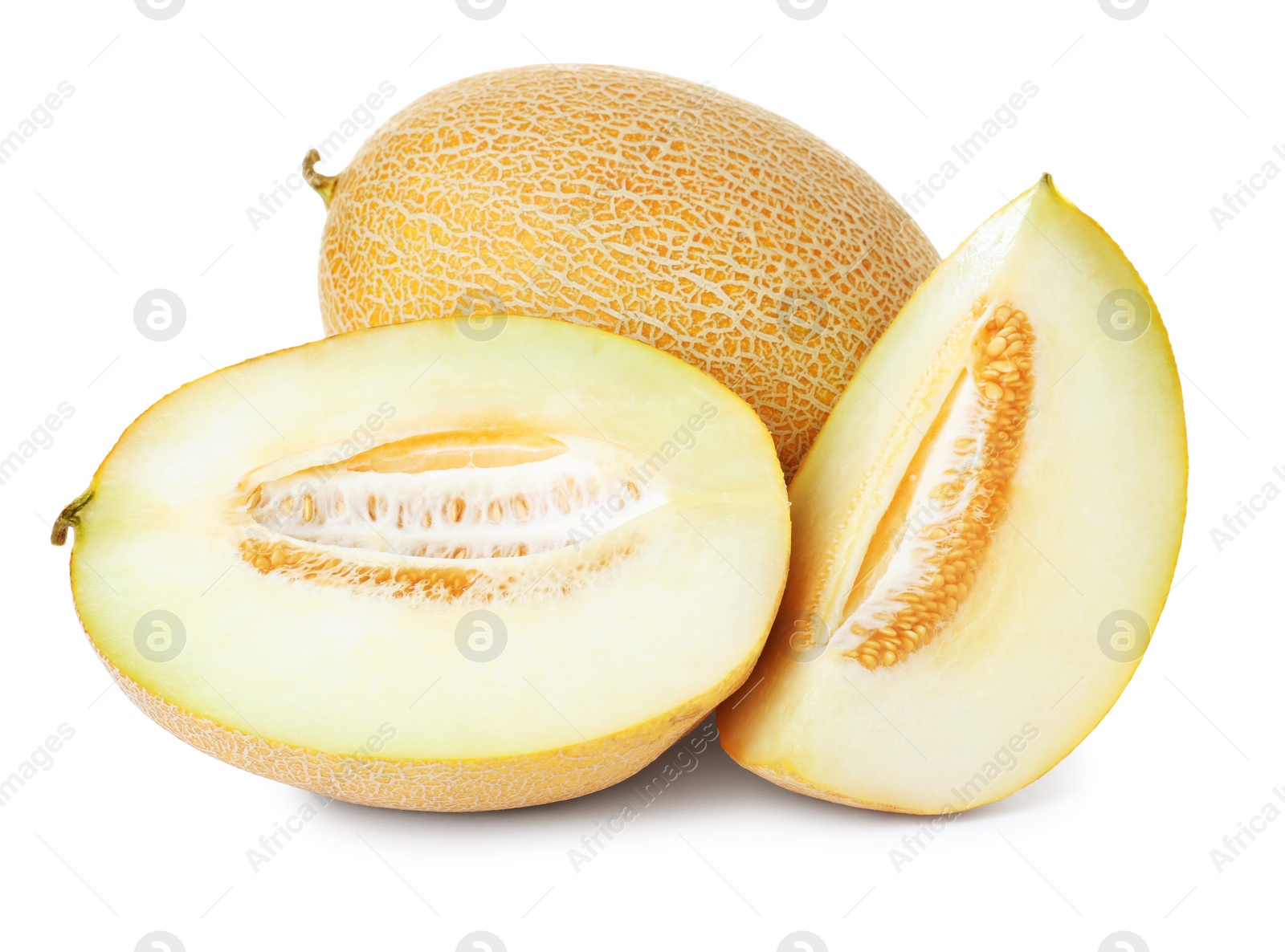 Photo of Delicious ripe honeydew melons isolated on white