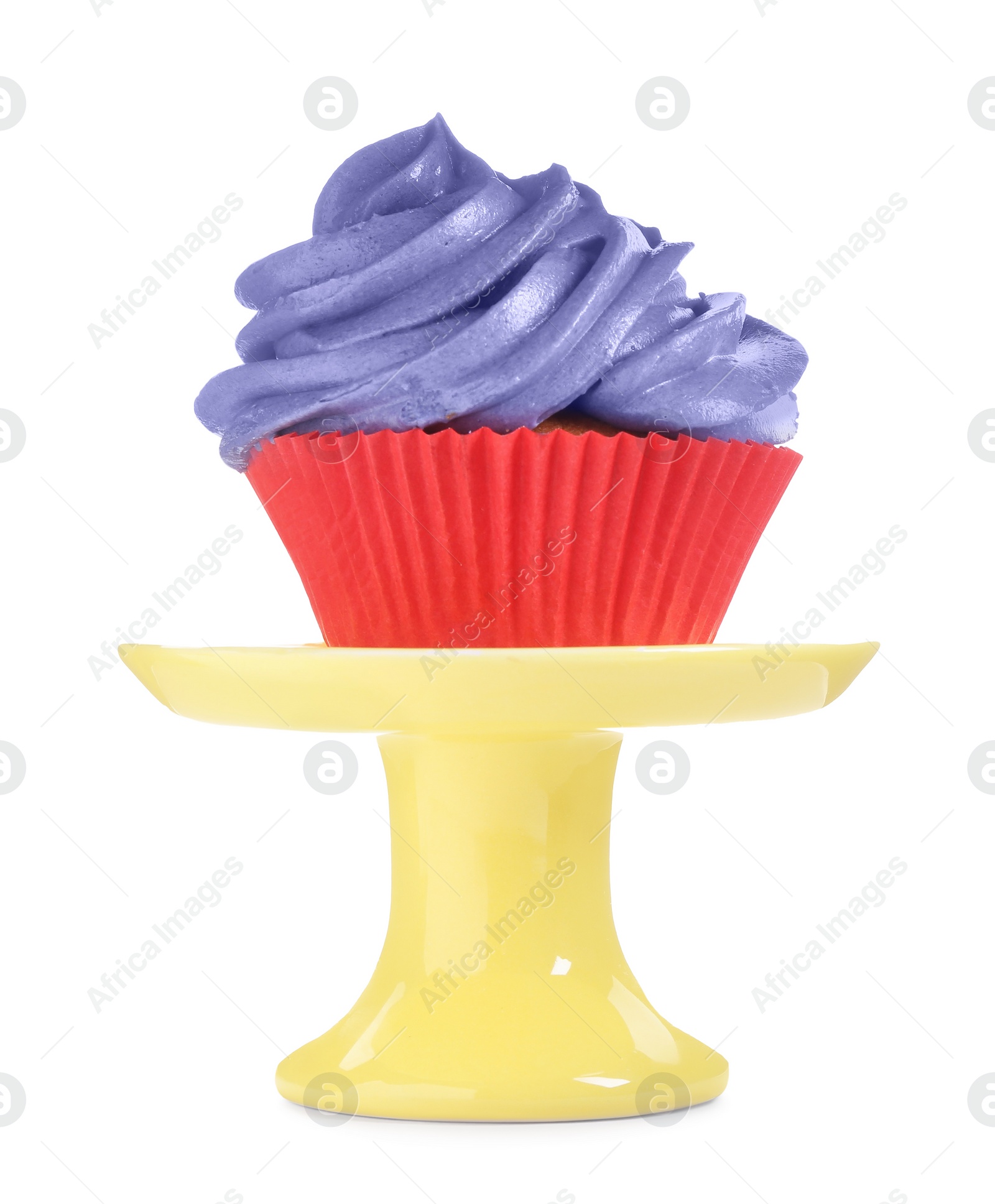 Photo of Delicious cupcake with violet cream isolated on white