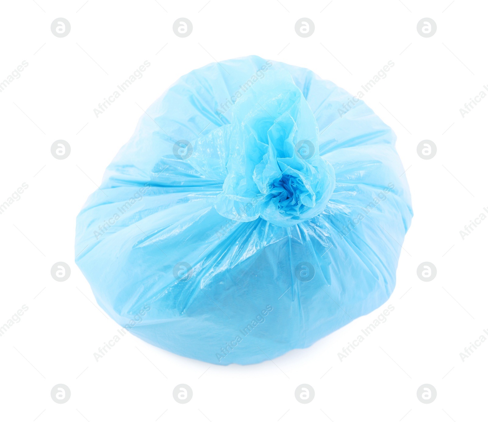 Photo of Blue plastic garbage bag isolated on white, top view