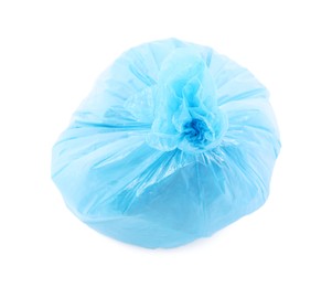 Photo of Blue plastic garbage bag isolated on white, top view