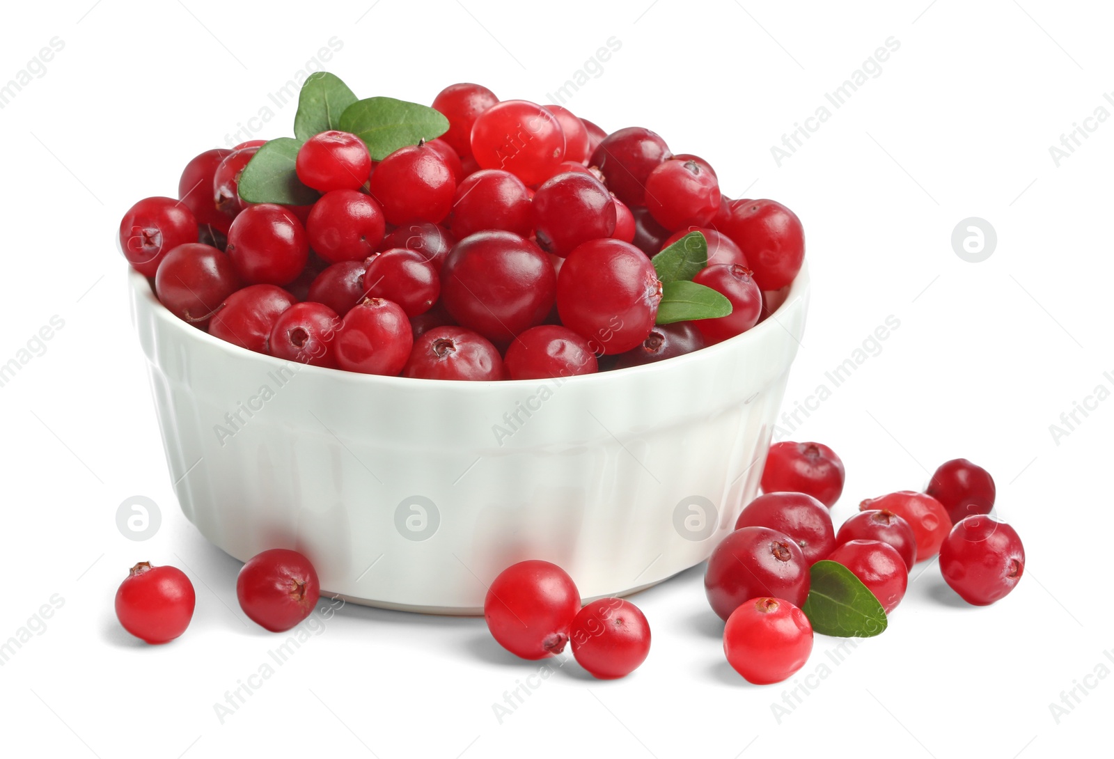 Photo of Bowl of fresh ripe cranberries with leaves isolated on white