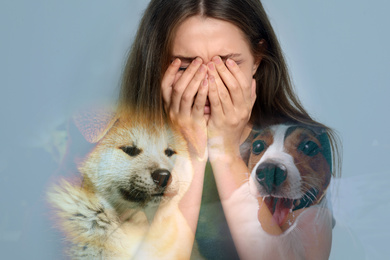 Image of Cynophobia concept. Double exposure of scared young woman and dogs