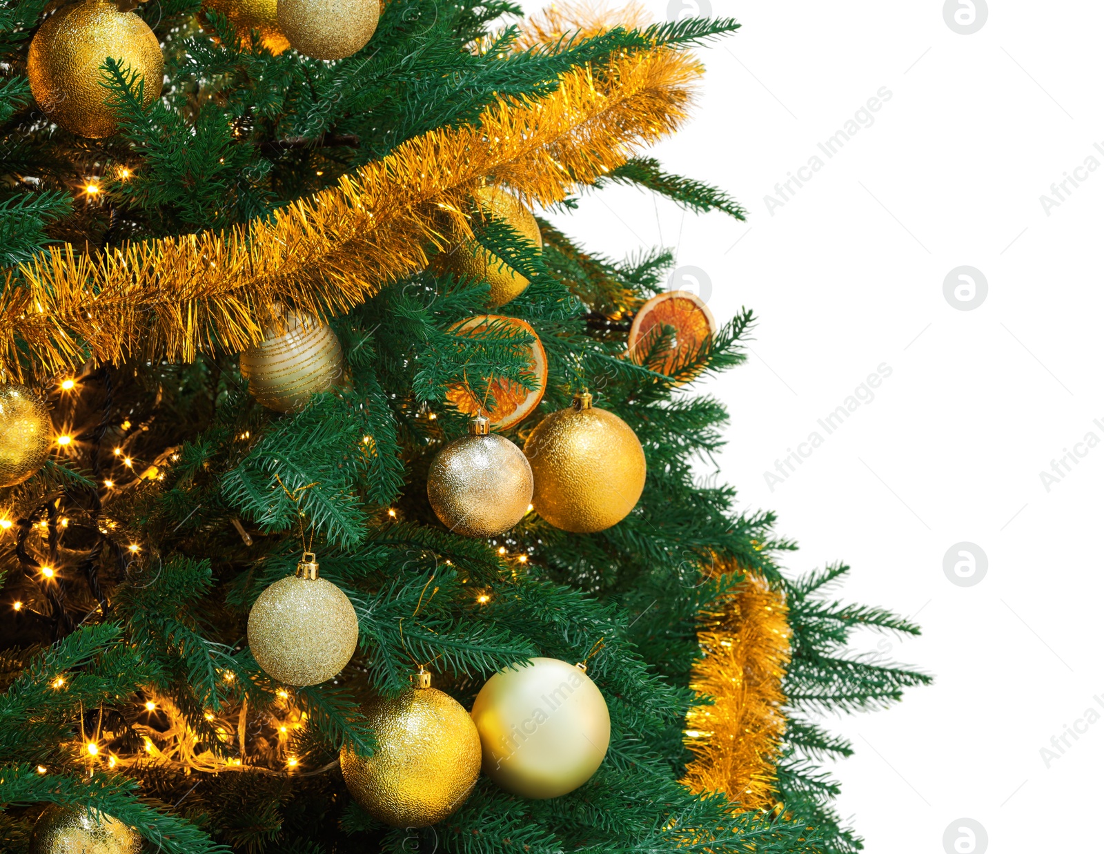 Photo of Beautiful Christmas tree decorated with ornaments isolated on white