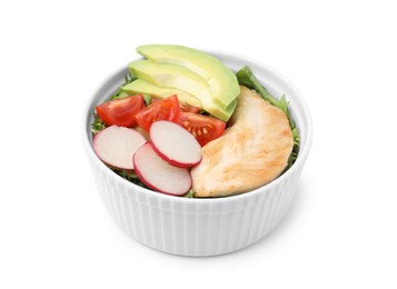Photo of Delicious poke bowl with meat, avocado and vegetables isolated on white