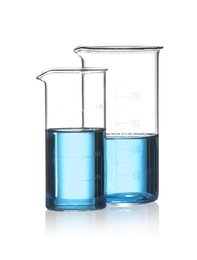Photo of Beakers with blue liquid isolated on white. Laboratory glassware