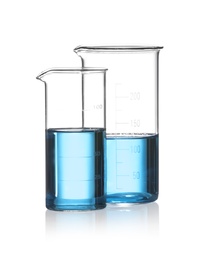 Beakers with blue liquid isolated on white. Laboratory glassware