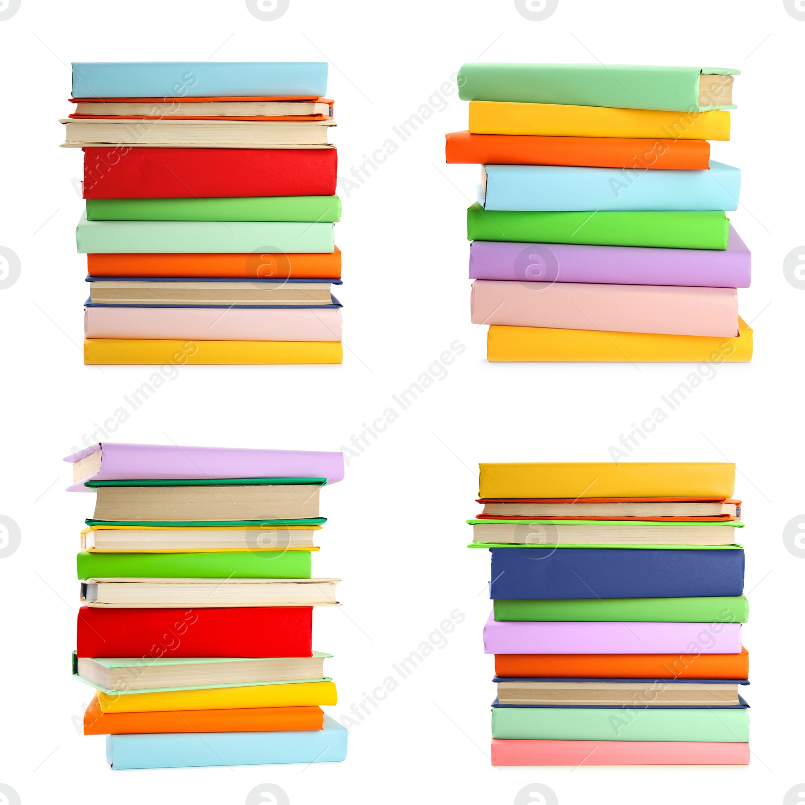 Image of Set of different bright hardcover books on white background