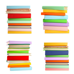 Image of Set of different bright hardcover books on white background