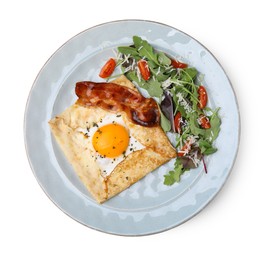 Delicious crepe with egg isolated on white, top view. Breton galette