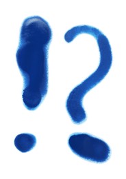Photo of Question and exclamation marks drawn by blue spray paint on white background