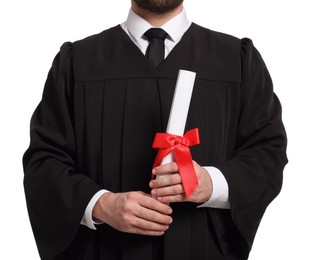 Photo of Student with diploma on white background, closeup