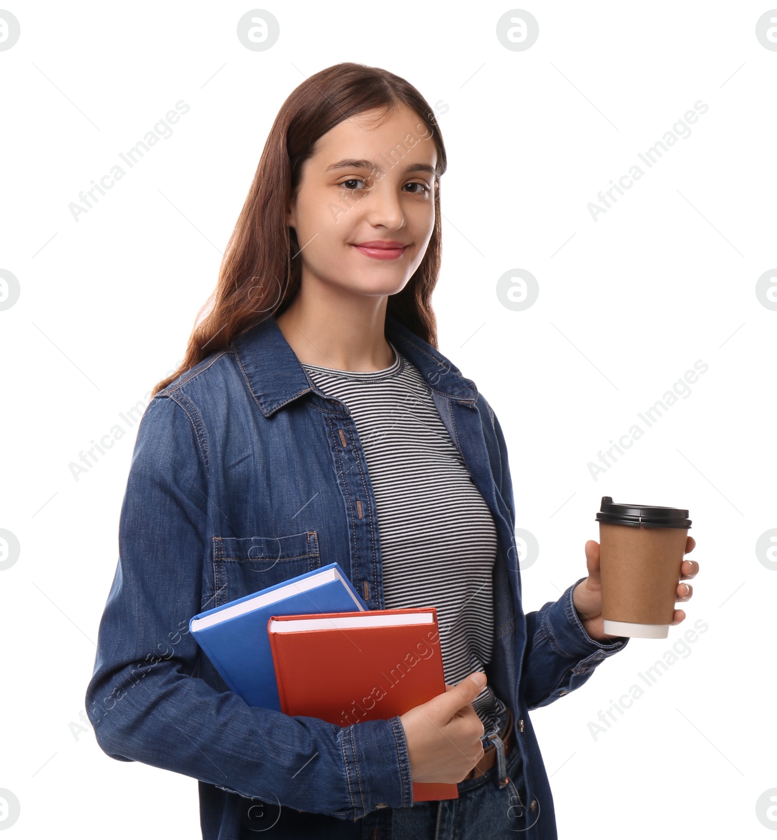 Photo of Teenage student with books and cup of coffee on white background