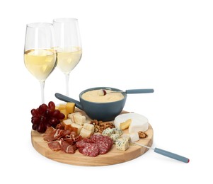 Fondue with tasty melted cheese, forks, different snacks and wine isolated on white