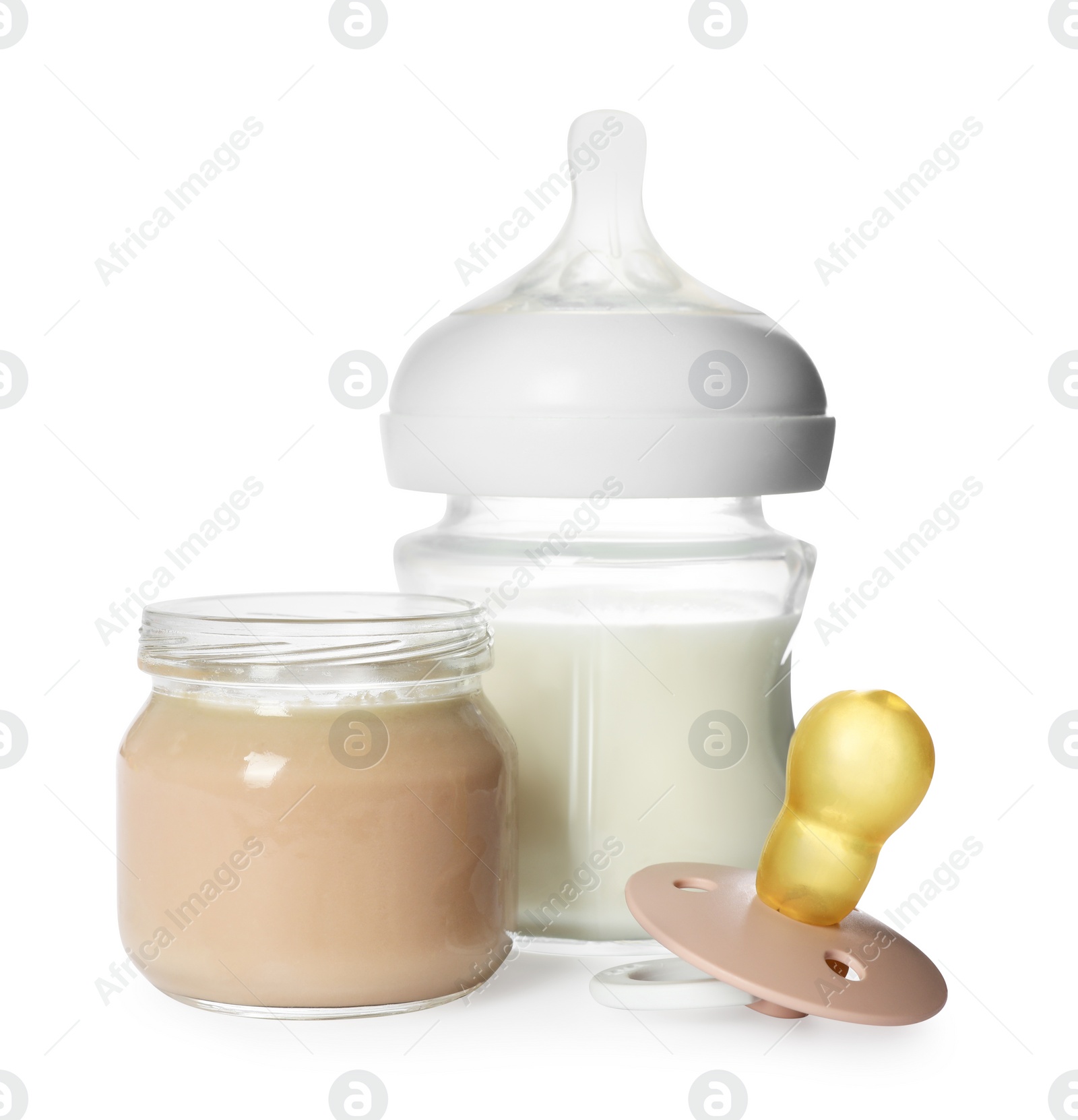 Photo of Healthy baby food, bottle of milk and pacifier isolated on white