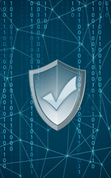 Illustration of Cyber security concept. Shield with check mark illustration against binary code on blue background