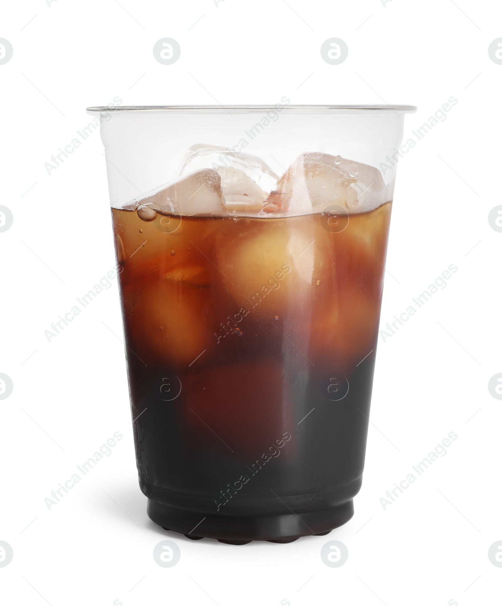 Photo of Refreshing iced coffee in takeaway cup isolated on white