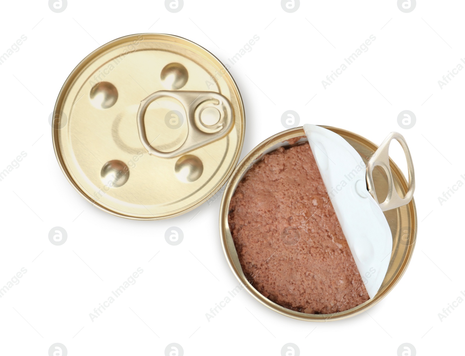 Photo of Tin cans of wet pet food on white background, top view