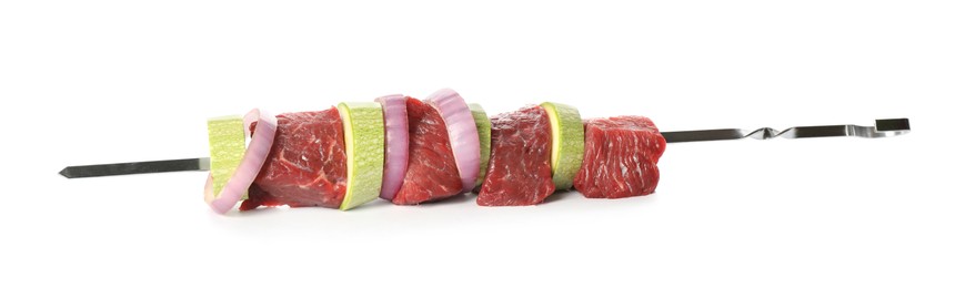 Photo of Metal skewer with raw meat, onion and zucchini slices on white background