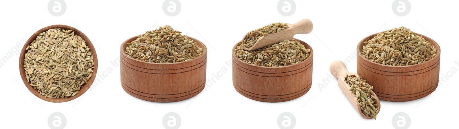 Image of Fennel seeds in bowls isolated on white, set