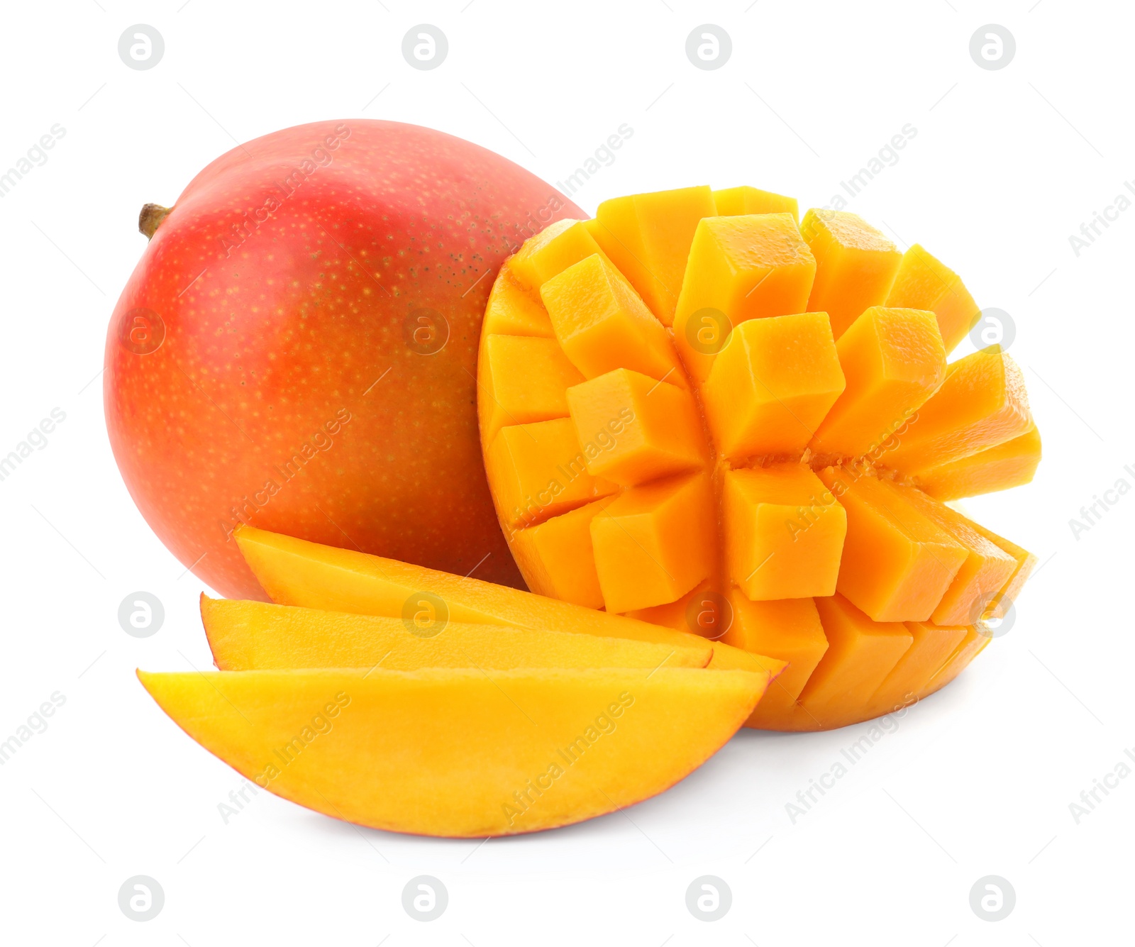 Photo of Whole and cut ripe mangoes isolated on white. Exotic fruit