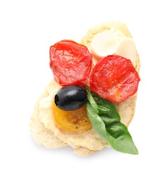 Photo of Delicious tomato bruschetta on white background, top view