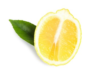 Photo of Fresh ripe lemon half with leaf on white background, top view