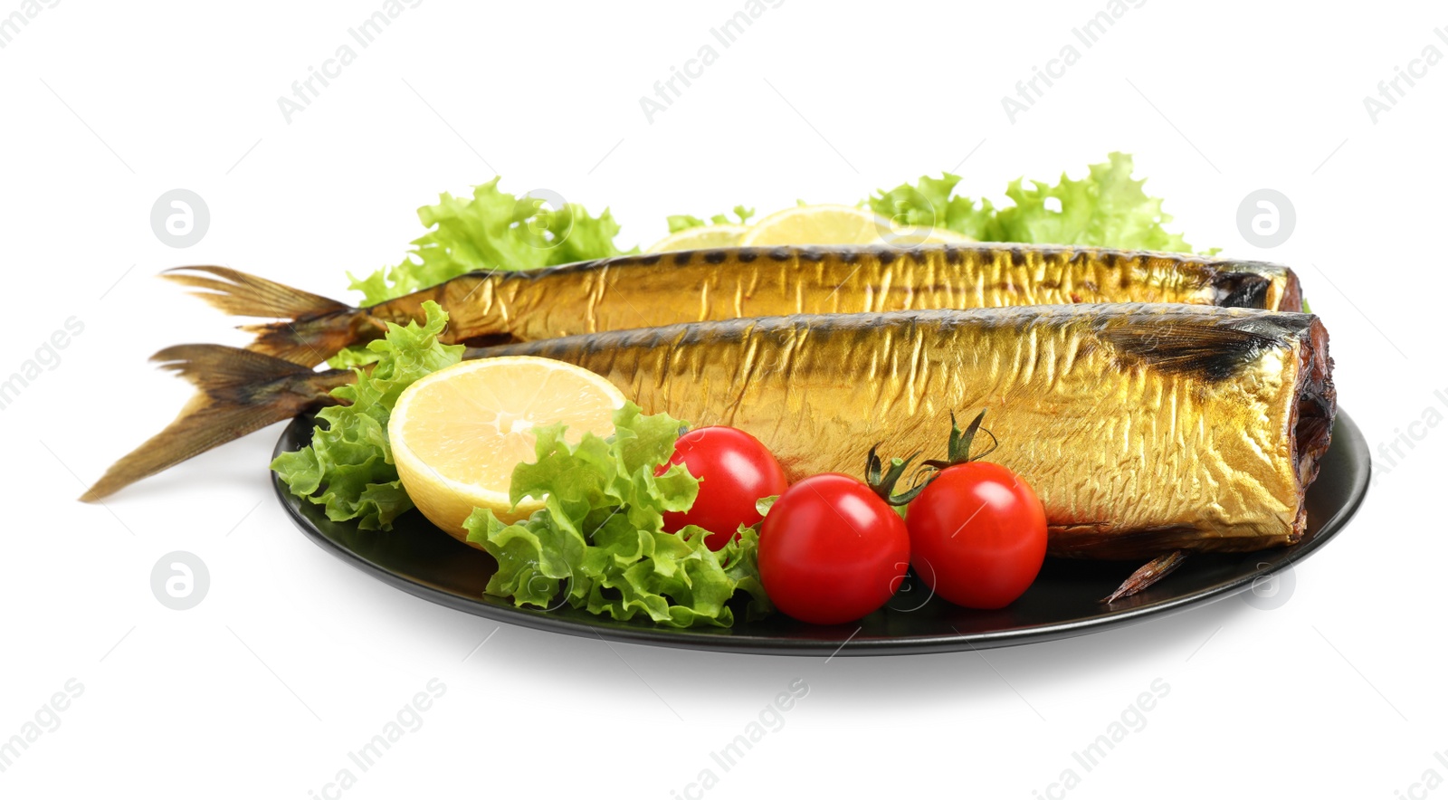 Photo of Plate with smoked fish isolated on white