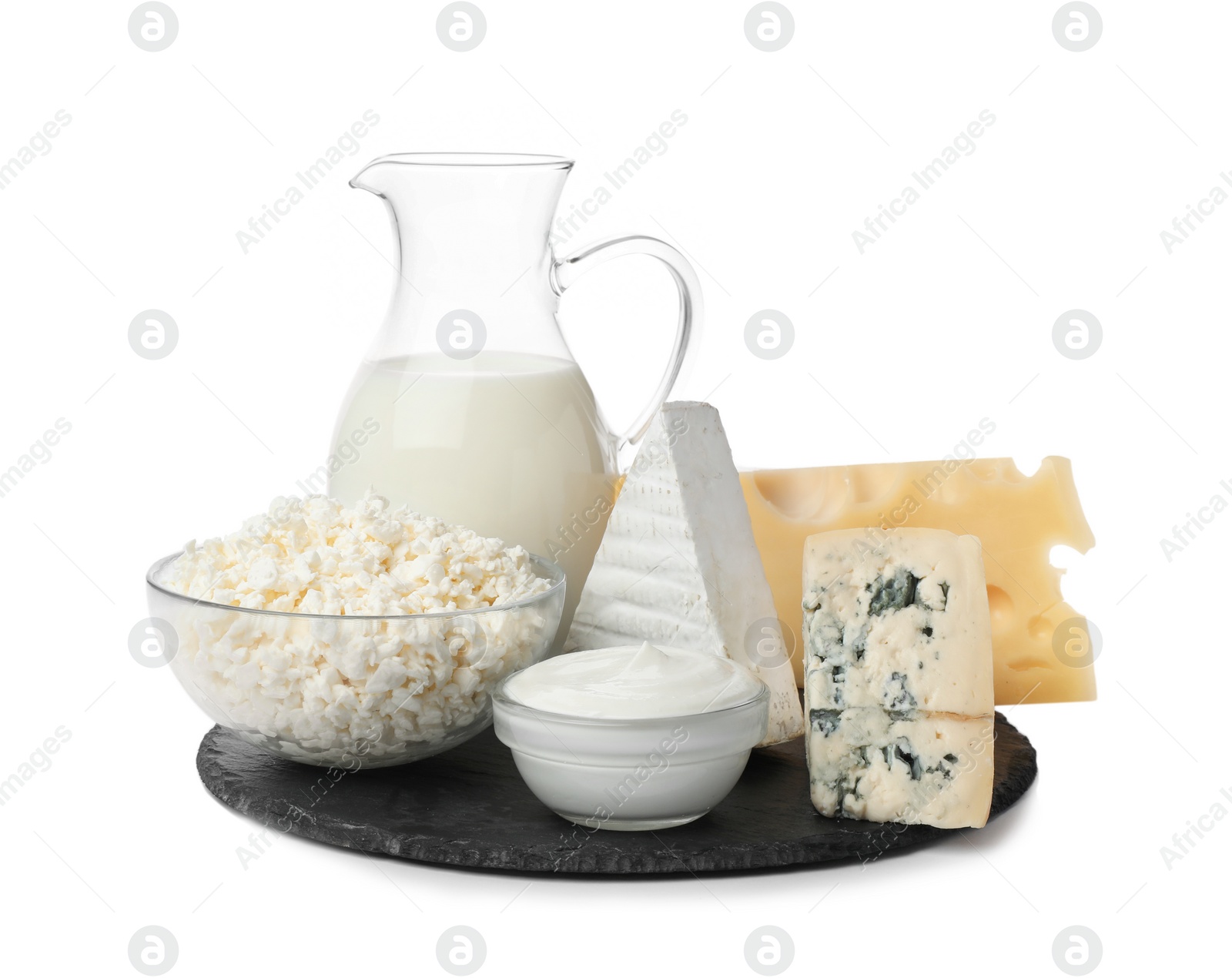 Photo of Different dairy products on white background