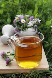 Photo of Cup of aromatic herbal tea, pestle and ceramic mortar with different wildflowers on green grass outdoors