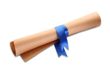 Image of Rolled student's diploma with blue ribbon isolated on white