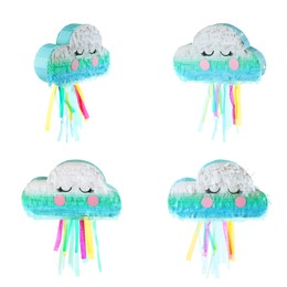 Image of Set with cloud shaped pinatas on white background 