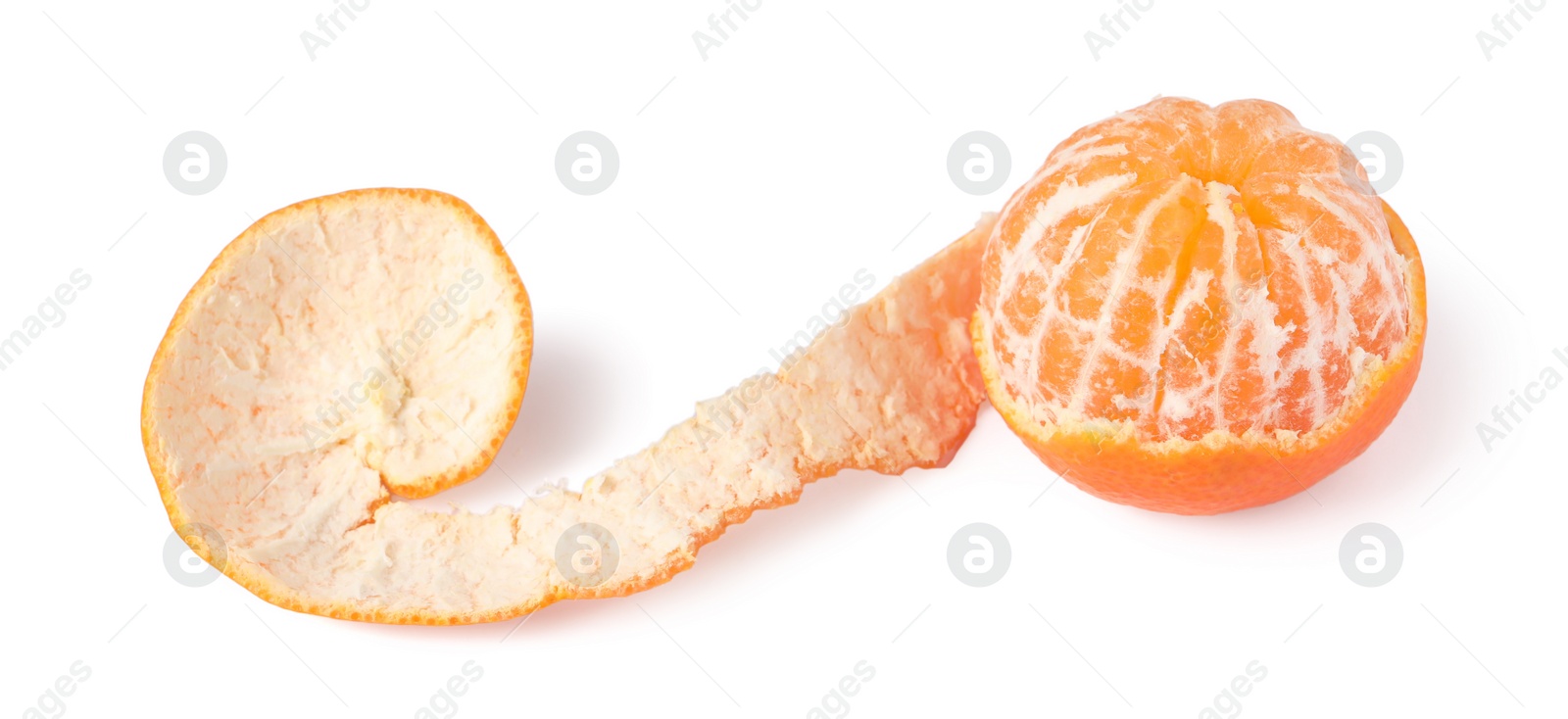 Photo of Peeled fresh ripe tangerine isolated on white