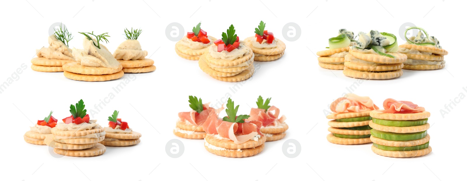 Image of Delicious crackers with different toppings isolated on white, set