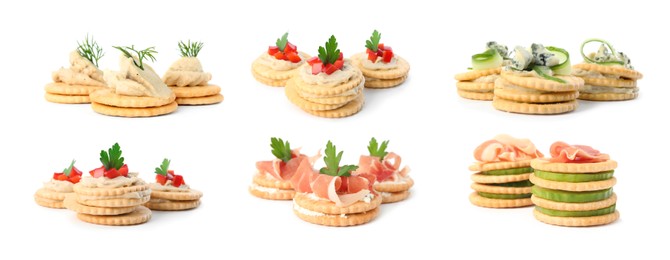 Image of Delicious crackers with different toppings isolated on white, set