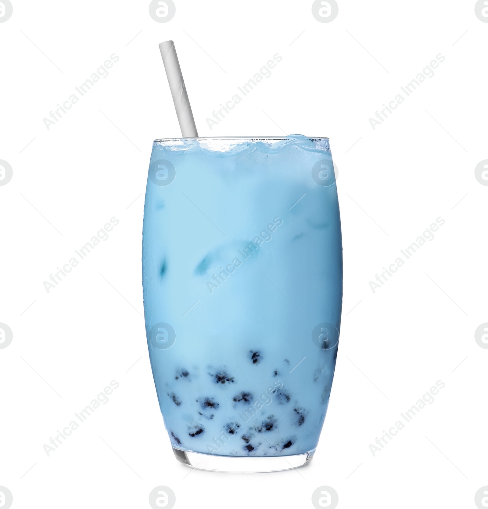 Photo of Tasty light blue milk bubble tea isolated on white