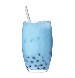 Photo of Tasty light blue milk bubble tea isolated on white