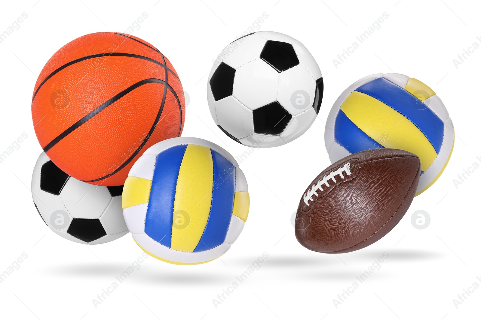 Image of Many balls for different sports flying on white background