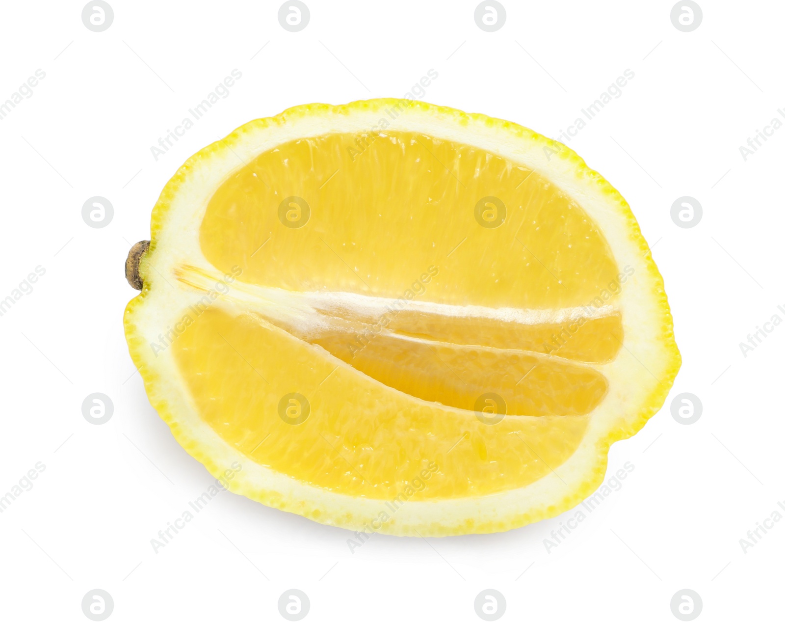 Photo of Fresh ripe lemon half isolated on white, top view