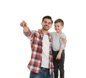 Portrait of dad and his son isolated on white