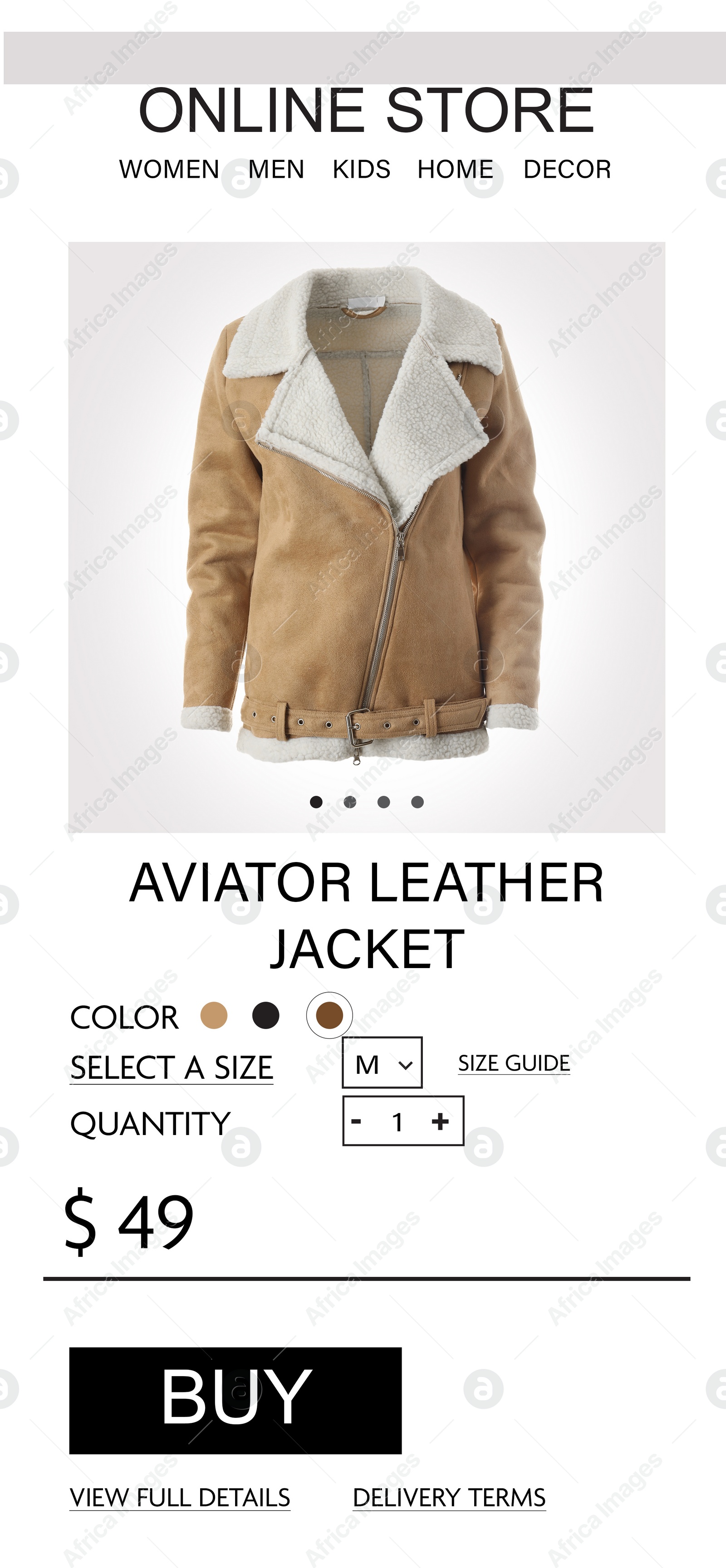 Image of Online store website page with leather jacket and information. Image can be pasted onto smartphone screen