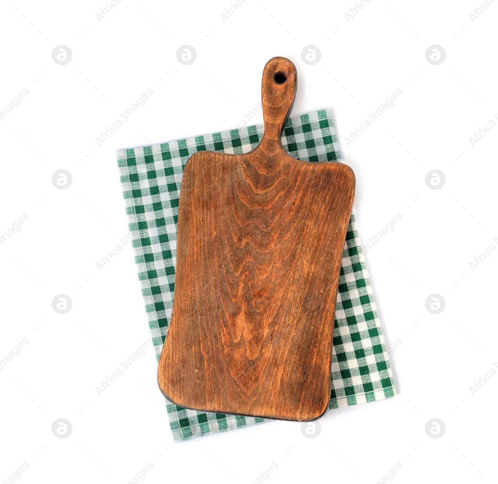 Photo of Fabric napkin with wooden board and space for text on white background, top view